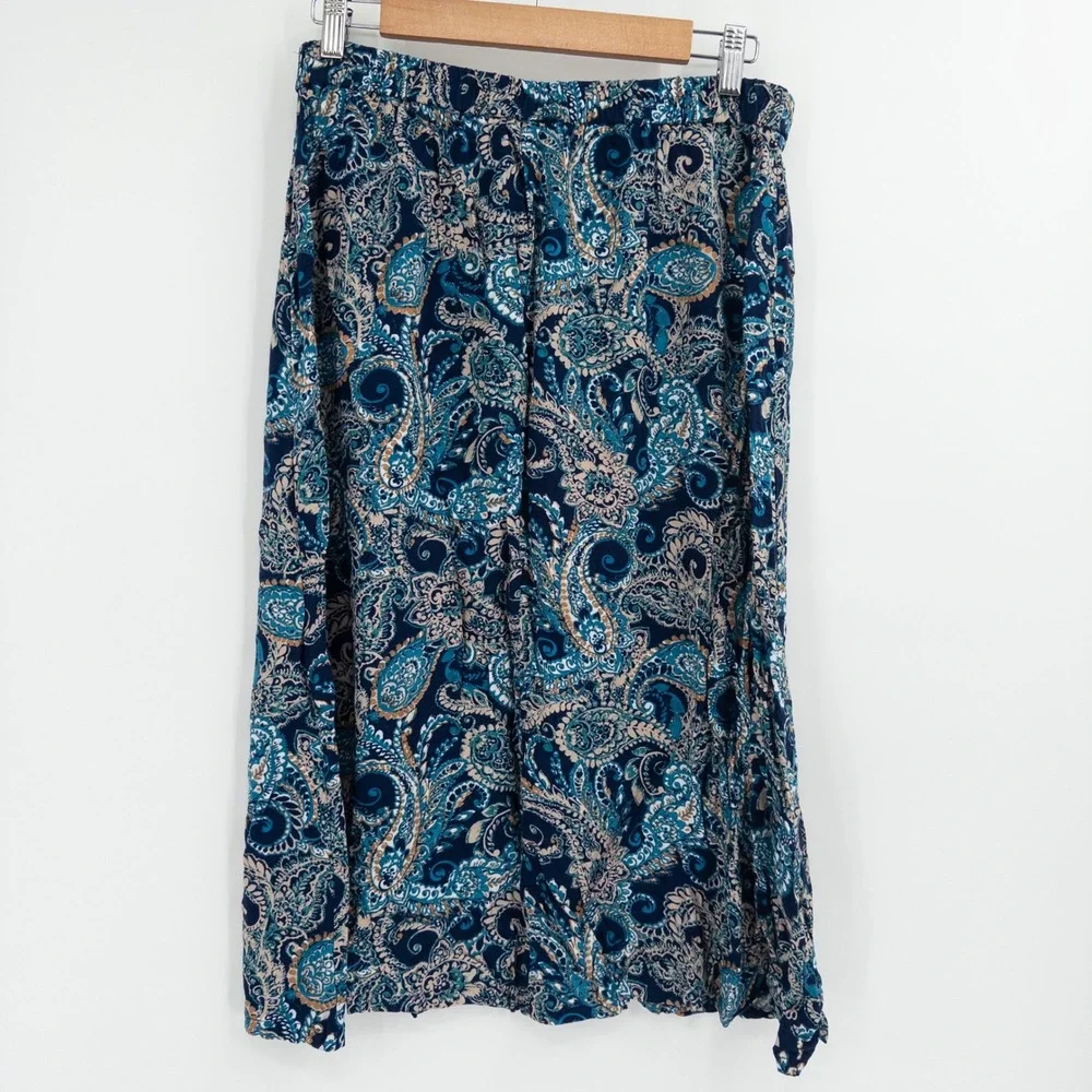 Boho Paisley Midi Skirt Womens L Blue Hippie Festival Flowy Summer‎ Retro 70s